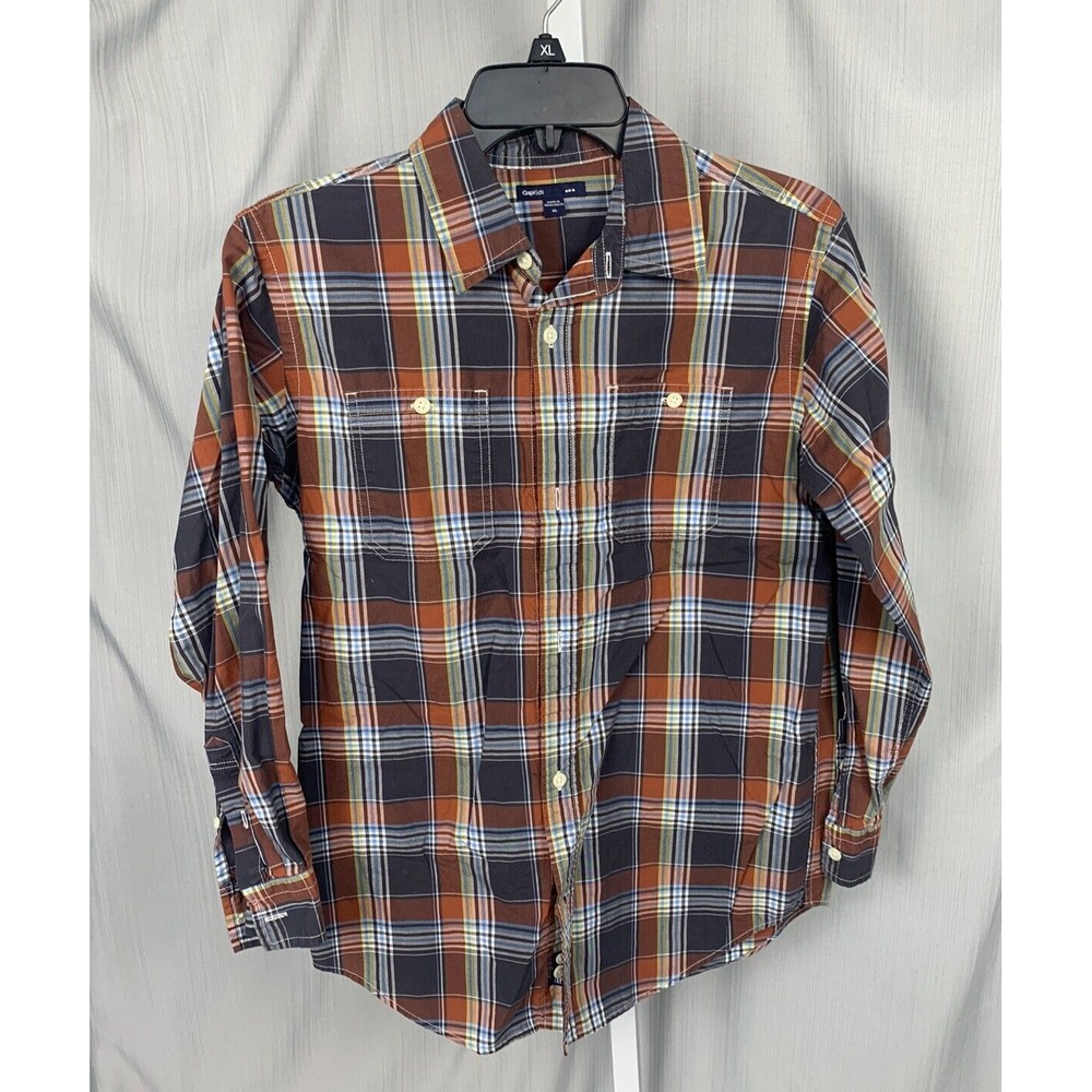 Gap Kids Boys Size XL Long Sleeve Button Down Plaid Shirt,‎ Gray, Rust, Blue